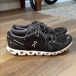 On Running Charcoal and Cream Athletic Shoes